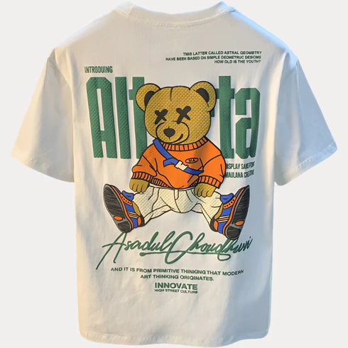 Bear printed graphic tee with short sleeves and durable fabric for summer comfort.